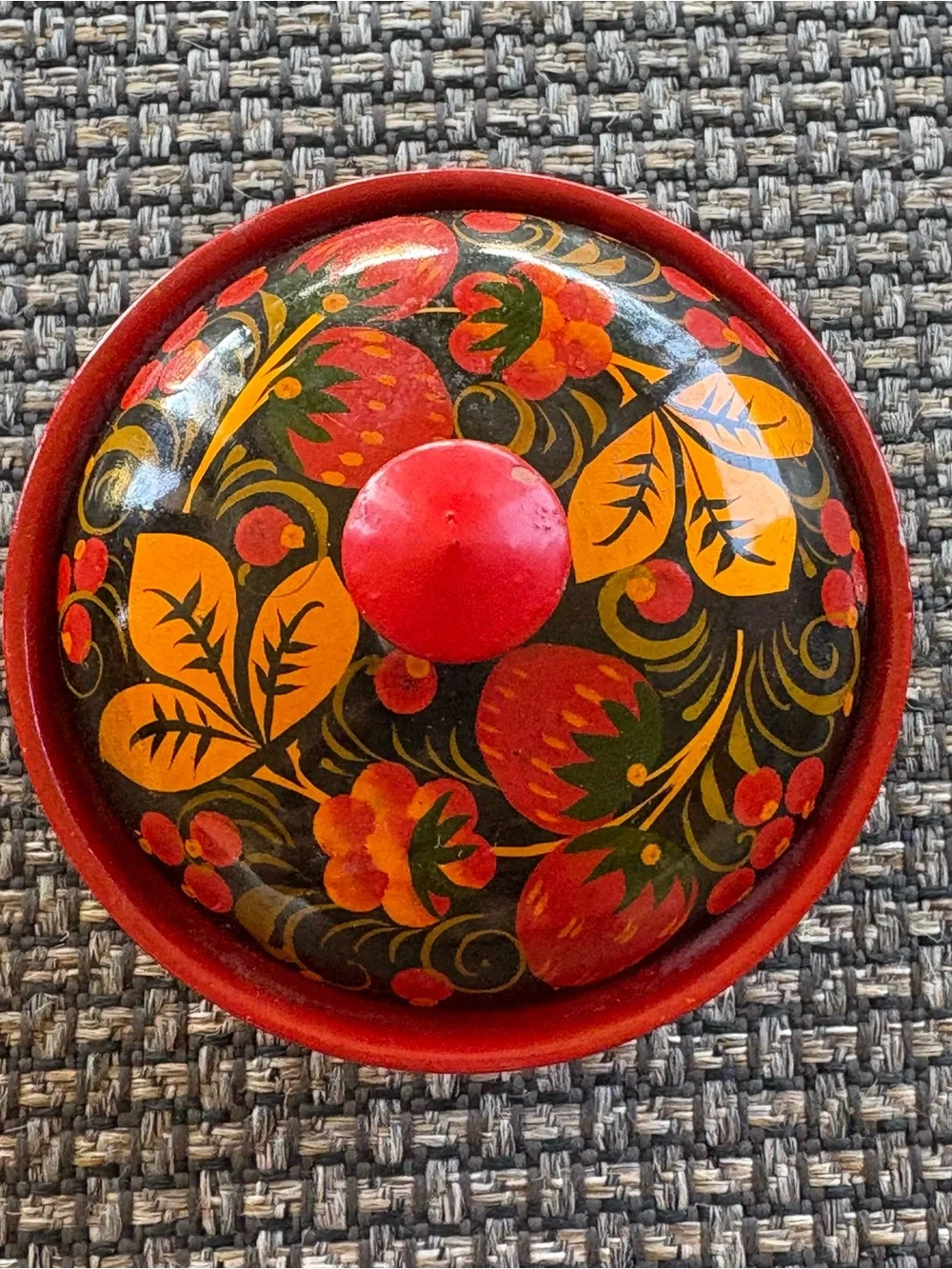 Vintage Traditional Russian Khokhloma Hand Painted Wooden Sugar Bowl Trinket Box